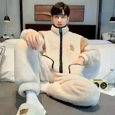 莫代尔 舒适保暖韩版时尚卡通可外穿休闲简约睡衣套装 男款 杏色