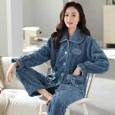 莫代尔 气质轻熟风舒适透气不臃肿显瘦亲肤细腻长袖长裤不勒腹时尚可外穿加厚保暖蓄热睡衣套装 女款 藏青色