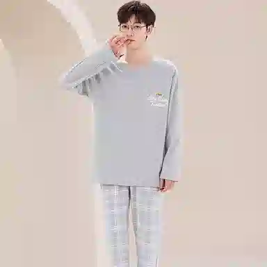 莫代尔 舒适透气纯棉柔软亲肤细腻宽松微弹耐磨吸湿排汗开衫长袖松紧裤腰可居家休闲可外穿长裤睡衣套装 男款 银色