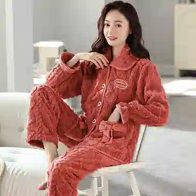 莫代尔 舒适透气宽松不臃肿显瘦亲肤细腻长袖上衣不勒腹可外穿家居服加厚保暖长裤秋冬睡衣套装 女款 橙红色