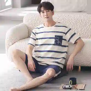 莫代尔 薄款韩版卡通条纹短袖五分裤家居服可外穿睡衣套装 男款 杏色