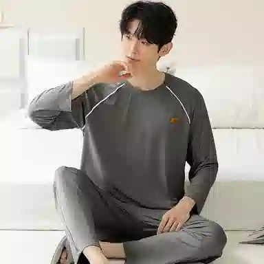 莫代尔 休闲居家韩系纯色舒适时尚透气亲肤套头圆领长袖上衣双口袋松紧带长裤可外穿男士睡衣套装 男款 灰色