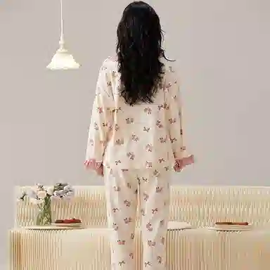 莫代尔 柔软显瘦轻盈简约亲肤韩版长袖长裤可外穿家居服睡衣套装 女款 杏色