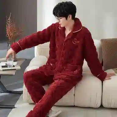 莫代尔 保暖亲肤舒适蓄热透气简约时尚家居服长袖长裤可外穿不臃肿开衫睡衣套装 男女同款 红色