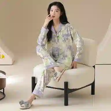 莫代尔 舒适亲肤开衫翻领长袖长裤韩版满印甜美时尚家居服可外穿睡衣套装 女款 杏色