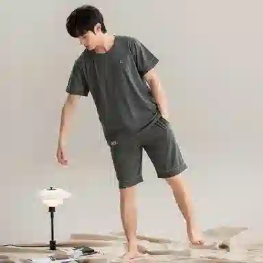 莫代尔 薄款抗菌防螨套头短袖五分裤家居服可外穿舒适简约睡衣套装 男款 橄榄绿