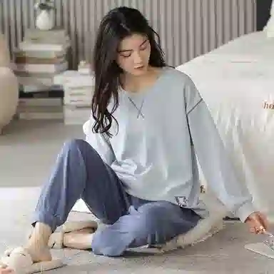 莫代尔 亲肤舒适套头圆领长袖长裤家居服简约可外穿睡衣套装 女款 浅蓝色