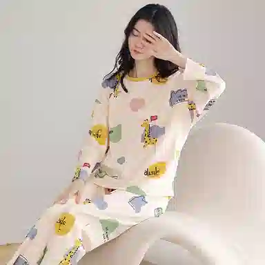 莫代尔 舒适柔软透气亲肤耐磨吸湿排汗长袖长裤不勒腹可居家休闲可外穿睡衣套装 女款 杏色