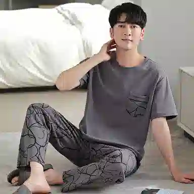 莫代尔 舒适亲肤柔软透气微弹耐磨圆领短袖松紧裤腰不勒腹长裤可居家休闲可外穿睡衣套装 男款 灰色