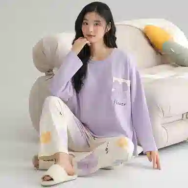 莫代尔 亲肤带胸垫防凸点舒适长袖花卉满印长裤套头圆领甜美家居服可外穿睡衣套装 女款 香芋紫