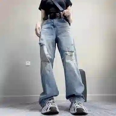 丝絮丝绸 破洞直筒高腰宽松牛仔裤 女款