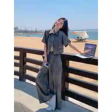丝絮丝绸 气质高级感时尚短袖衬衫简约阔腿裤两件套休闲套装 女款