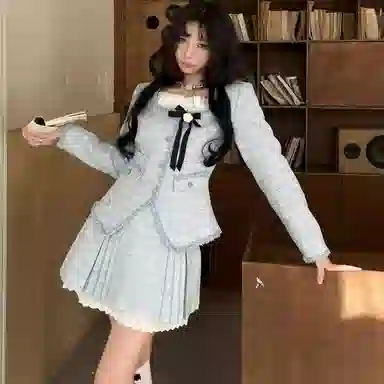 丝絮丝绸 法式千金感小香风方领短款长袖外套半身裙两件套裙装套装 女款