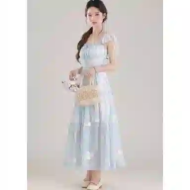 丝絮丝绸 雪纺印花小飞袖夏季法式海边度假气质甜美显瘦短袖连衣裙 女款