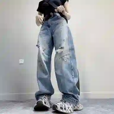 丝絮丝绸 破洞直筒高腰宽松牛仔裤 女款
