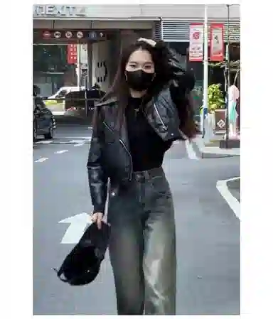 丝絮丝绸 秋季宽松复古港风长袖机车夹克外套皮衣 女款