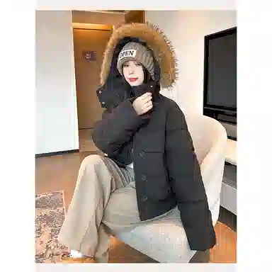 丝絮丝绸 宽松毛领长袖棉服 女款