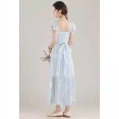 丝絮丝绸 雪纺印花小飞袖夏季法式海边度假气质甜美显瘦短袖连衣裙 女款
