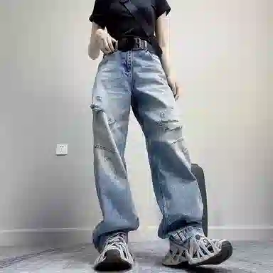 丝絮丝绸 破洞直筒高腰宽松牛仔裤 女款