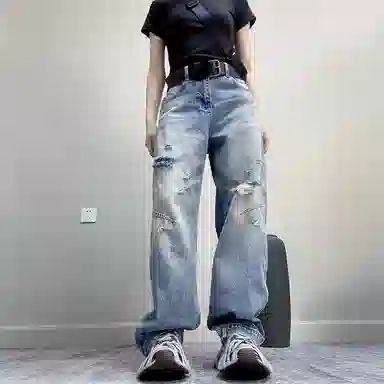 丝絮丝绸 破洞直筒高腰宽松牛仔裤 女款