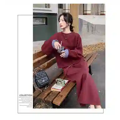 丝絮丝绸 秋季减龄慵懒感袖口拼接圆领上衣休闲半身裙两件套裙装套装 女款