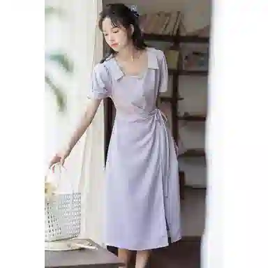 丝絮丝绸 方领夏季法式优雅收腰显瘦小众设计感长裙短袖连衣裙 女款