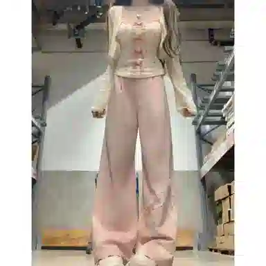 丝絮丝绸 春秋修身显瘦纯欲辣妹碎花吊带背心上衣开衫高腰阔腿长裤三件套 休闲套装 女款
