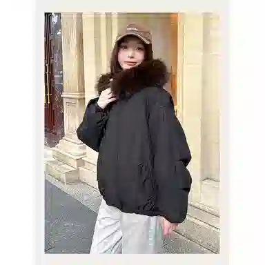 丝絮丝绸 纯色宽松连帽长袖棉服 女款