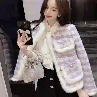 丝絮丝绸 小香风清新时尚紫罗兰名媛加厚长袖上衣截短外套 女款