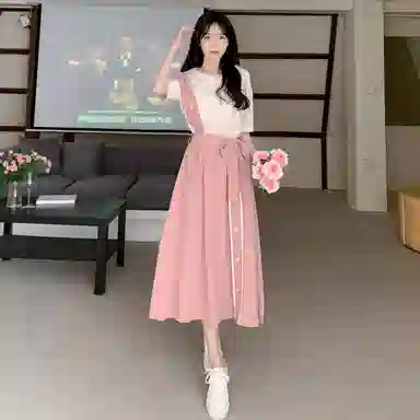 丝絮丝绸 拼接合身高腰薄款圆领短袖连衣裙 女款