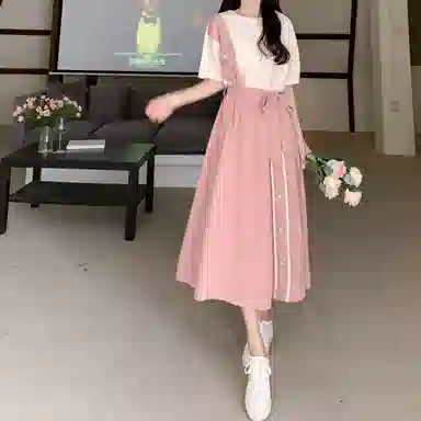 丝絮丝绸 拼接合身高腰薄款圆领短袖连衣裙 女款