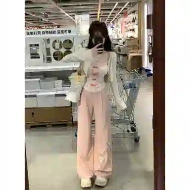 丝絮丝绸 春秋修身显瘦纯欲辣妹碎花吊带背心上衣开衫高腰阔腿长裤三件套 休闲套装 女款