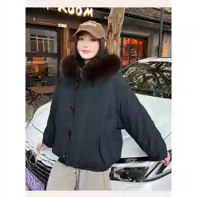 丝絮丝绸 纯色宽松连帽长袖棉服 女款