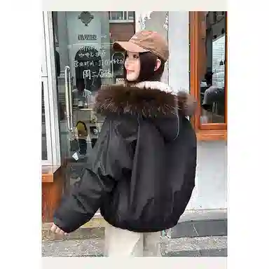 丝絮丝绸 纯色宽松连帽长袖棉服 女款