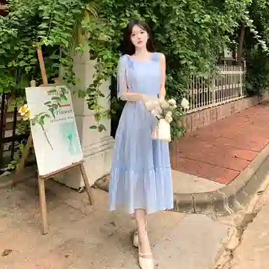 丝絮丝绸 法式高级感气质甜美收腰长裙无袖连衣裙 女款