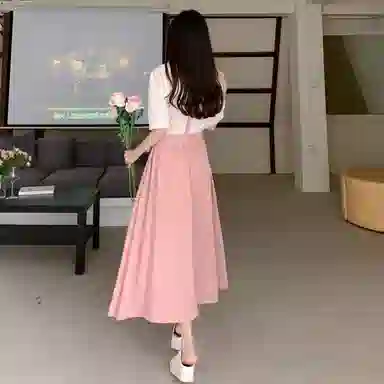 丝絮丝绸 拼接合身高腰薄款圆领短袖连衣裙 女款
