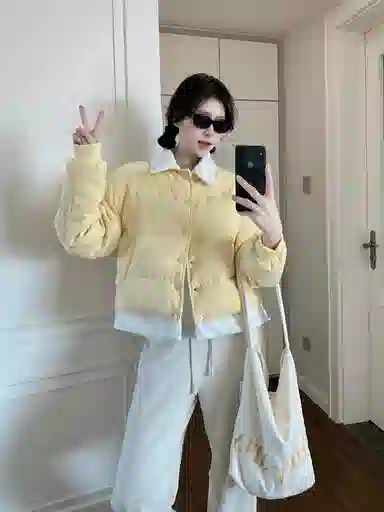 丝絮丝绸 冬季文艺温柔宽松舒适百搭假两件外套棉服 女款