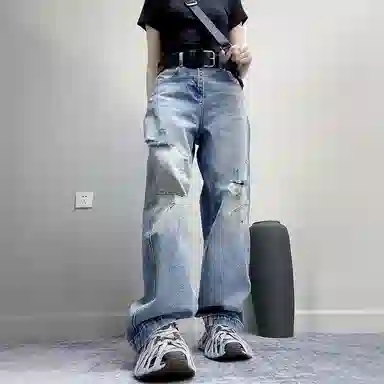 丝絮丝绸 破洞直筒高腰宽松牛仔裤 女款