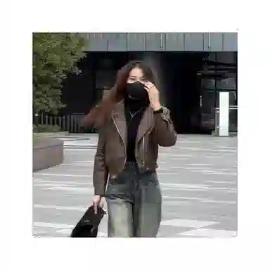 丝絮丝绸 秋季宽松复古港风长袖机车夹克外套皮衣 女款