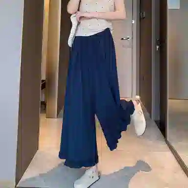 丝絮丝绸 木耳边阔腿裤设计感高腰宽松纯色休闲裤 女款