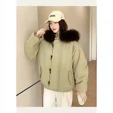 丝絮丝绸 纯色宽松连帽长袖棉服 女款
