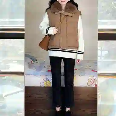丝絮丝绸 秋冬季时尚宽松舒适白富美奢華贵妇级大毛领坎肩马甲外套棉服 女款