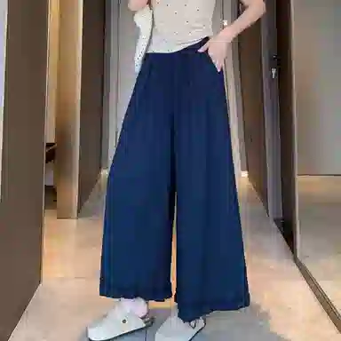 丝絮丝绸 木耳边阔腿裤设计感高腰宽松纯色休闲裤 女款