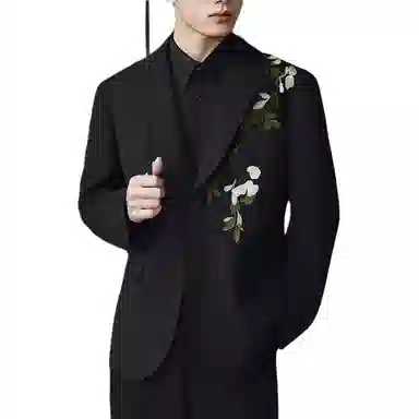 中国风新中式刺绣山茶花单排扣垫肩订婚礼服正装时尚休闲宽松亲肤百搭西装 男女同款