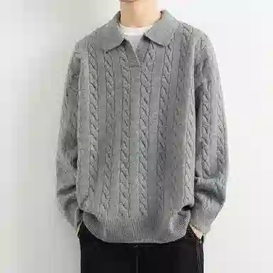 悍戈 美式韩系复古慵懒风纯色麻花翻领宽松百搭面料舒适可内搭外穿适合通勤休闲等多种场景针织衫 男女同款