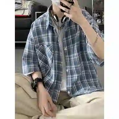 玉儿恋 日系多巴胺格子风宽松休闲翻领短袖时尚百搭衬衫 男女同款