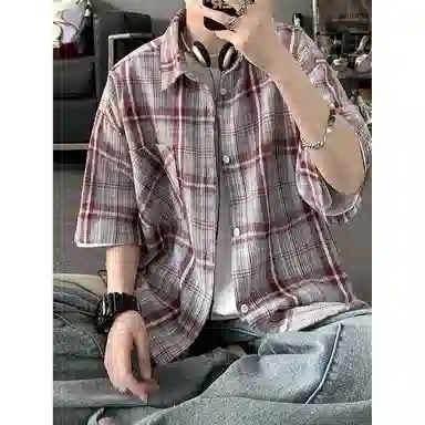 玉儿恋 日系多巴胺格子风宽松休闲翻领短袖时尚百搭衬衫 男女同款