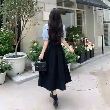 水中花 时尚拼接长裙夏季高级感微胖女显瘦修身收腰甜美可爱气质优雅简约百搭包臀裙短袖连衣裙 女款