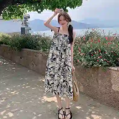 水中花 法式复古水墨画女夏季潮流时尚高级感海边度假小个子宽松显瘦气质裙子百搭舒适吊带连衣裙 女款 图片色