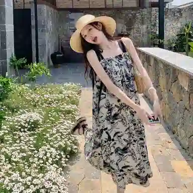 水中花 法式复古水墨画女夏季潮流时尚高级感海边度假小个子宽松显瘦气质裙子百搭舒适吊带连衣裙 女款 图片色